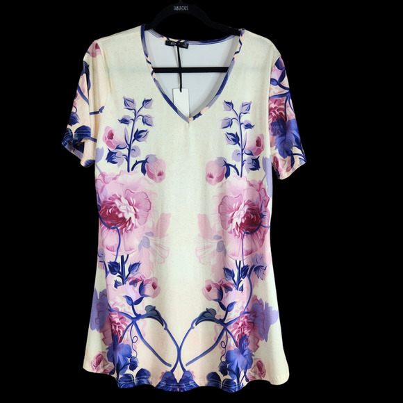 Lily Firmiana Womens Top Blouse Size XL Purple Yellow Short Sleeve Floral NWT - Picture 1 of 7